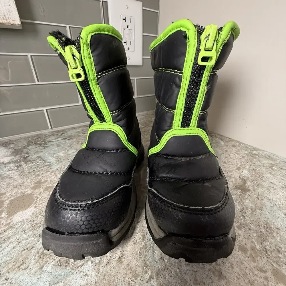 Wonder Nation Kids Snow Boots 10‎ Zip Up Fleece Water Resistant Black Neon Green